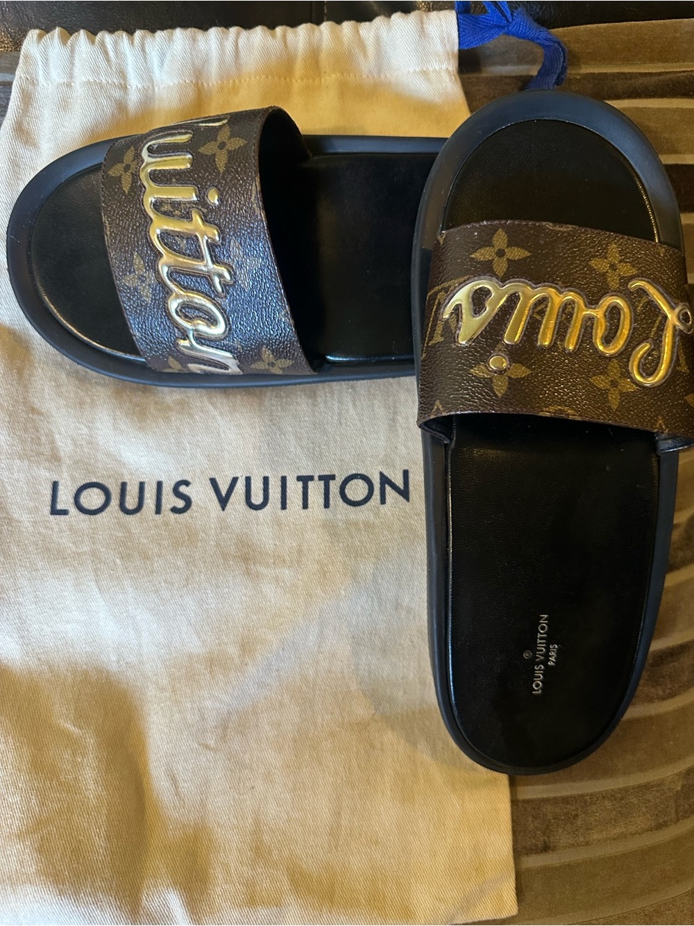 Louis Vuitton Brown and Gold Monogram Slide Sandals - Picture 8 of 9